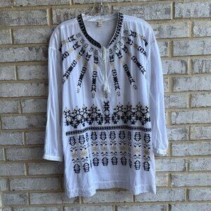 J. Crew 3/4 Sleeve Embroidered Tie Neck Tunic Blouse Women's Size L.
